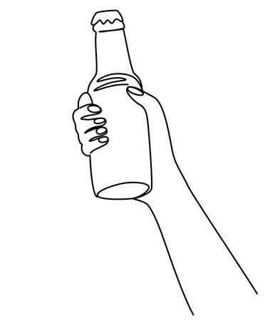 Hand holding a bottle of beer. Craft drink alcohol ale in simple linear style for bar and pub concept for menu. Oktoberfest equipment. Continuous one line drawing of beer glass with foam. vectorのイラスト素材