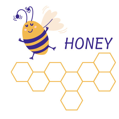 Cute bee and honeycomb from honey. Perfect for printing, logo, logo and product for products. Vector cartoon illustration.のイラスト素材