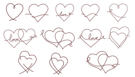 One continuous drawing of two hearts and love sign collection. Divider shape with romantic symbol in simple linear style. Banner, Poster, Card Design Template. Editable stroke. vector illustrationのイラスト素材