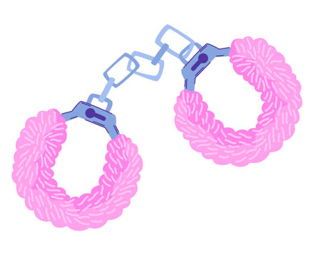 Fur pink handcuffs. Sexual toy for adults isolated on a white background. Erotica excitement for adult male female. modern flat vector illustrationのイラスト素材