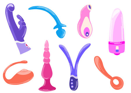 Vibrators Set. adult sex toys. Erotica excitement for adult male female. Vector cartoon illustration isolated on the white background.のイラスト素材