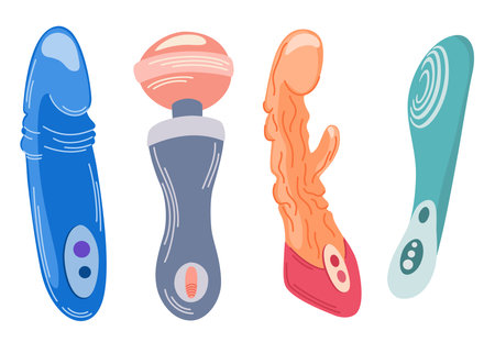 Vibrators Set. adult sex toys. Erotica excitement for adult male female. Vector cartoon illustration isolated on the white background.のイラスト素材