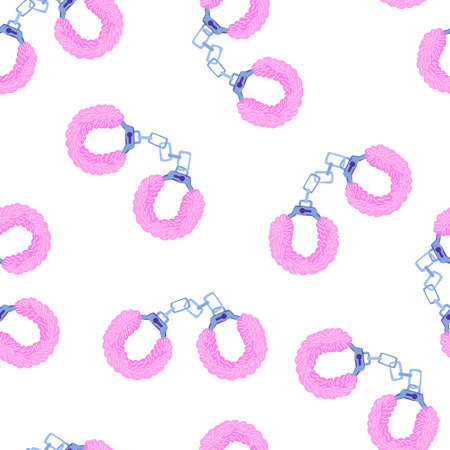 Fur handcuffs seamless pattern. adult sex toys. Erotica excitement for adult male female. Vector cartoon illustration isolated on the white background.のイラスト素材