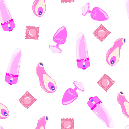 Vibrators seamless pattern. adult sex toys. Erotica excitement for adult male female. Vector cartoon illustration isolated on the white background.のイラスト素材