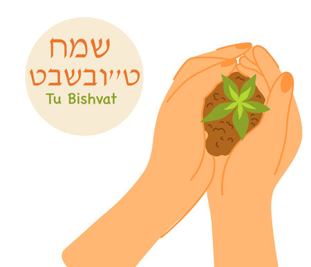Happy Tu Bishvat on Hebrew. Hand holding Green Sprout Concept. Planting Seeds of Change. New Year for Trees, Jewish Holiday. Vector cartoon illustration isolated on the white background.のイラスト素材