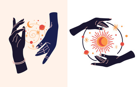 Magic hands with celestial mystical symbols. Set of Spiritual boho logo, design elements with crystal, planet and sun. Black silhouette of woman arms isolated on white. vector illustration.のイラスト素材
