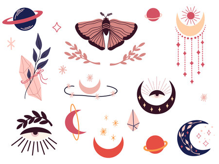 mystical elements. Planets, stars, moon, moon, moth, crystals, sun and constellations. Boho elements are ideal for printing, postcards, tarot, banners and design. hand draw vector illustrationのイラスト素材