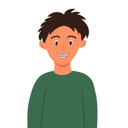 Smiling trendy boys with braces on teeth. Installing braces. Correction of byte. Dentistry. Orthodontics. Installing braces. Metal braces. straight teeth. vector illustrationのイラスト素材