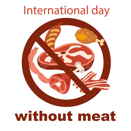 International Day Without Meat. Set of different meat, steak, beef on the bone, chicken wings and sausage. Crossed out in a circle. March 20. Vector Template for background, banner, poster with textのイラスト素材