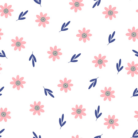 Trendy floral seamless pattern. Hand drawn cartoon linocut of cute flowers on a colored background. Ideal for textiles, fabric, wallpaper. Simple white small daisies with leaves in vector.のイラスト素材