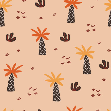 Palm trees vector cartoon seamless pattern. Tropical background with hand drawn arecaceae plants. Beach coconut tree wallpaper, african forest textile, wrapping paper print design. Scandinavian illustrationのイラスト素材