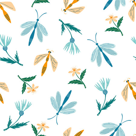 Dragonflies and flowers seamless pattern. Botanical, Insects background. Hand drawn Floral texture for fabric, textile, digital papers. Vector cartoon illustrationのイラスト素材