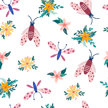 Butterflies and flowers seamless pattern. Botanical, Insects background. Hand drawn Floral texture for fabric, textile, digital papers. Vector cartoon illustrationのイラスト素材