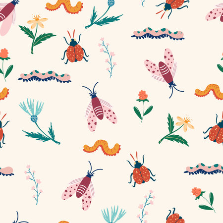 Insects and flowers seamless pattern. botanical background. bugs, butterfly, flowers, leaves. Hand drawn Floral texture for fabric, textile, digital papers. Vector cartoon illustrationのイラスト素材