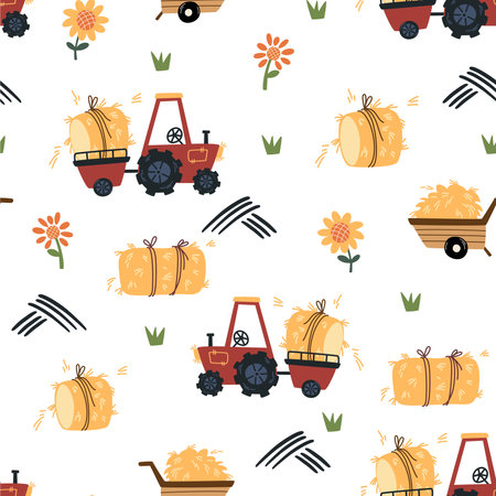 Tractor with hay seamless pattern. Farm and agriculture. Cartoon childish tractor, machine, hay for wrapping paper, fabric, textile, wallpaper, home decor. flat vector illustrationのイラスト素材