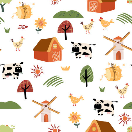 Farm cartoon seamless pattern. Funny domestic animals, countryside, houses and sheds with tractor and garden. Perfect for wrapping paper, fabric, textile, wallpaper, home decor. vector illustrationのイラスト素材