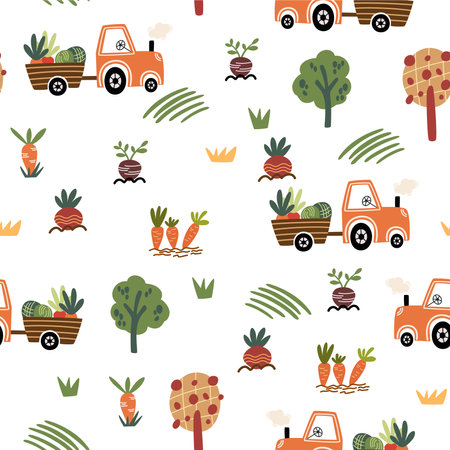 Tractor with harvest seamless pattern. farm background. Cartoon childish tractor, machine, hay for wrapping paper, fabric, textile, wallpaper, home decor. flat vector illustrationのイラスト素材