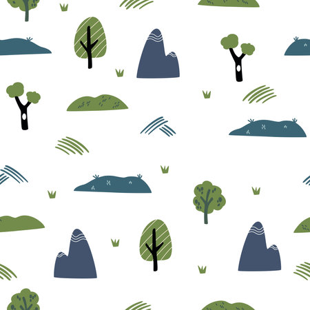 Trees, mountains and plants seamless pattern. Hand draw landscape background. Creative kids texture for fabric, wrapping, textile, wallpaper, apparel. Vector cartoon illustrationのイラスト素材
