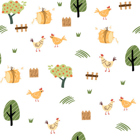 Farm seamless pattern. Chickens, trees, haystacks and fences. domestic animals. Perfect for wrapping paper, fabric, textile, wallpaper, home decor. flat vector illustrationのイラスト素材