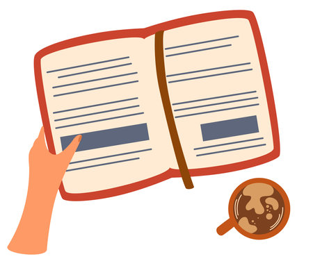 Reading a book. The hand holds a book, a notebook, a glider and coffee. The concept of study, student life, work, spending time, hobbies. Flat vector illustration isolated on white backgroundのイラスト素材