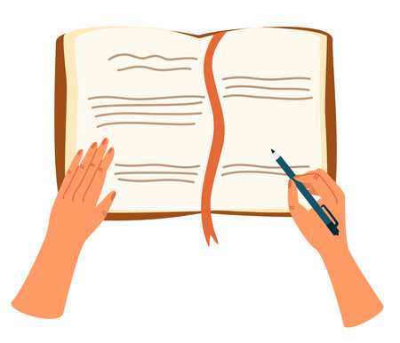 Hand making note. The concept of reading a book, writing in a notebook, teaching, studying, filling out a diary. Cartoon Vector Illustrationのイラスト素材