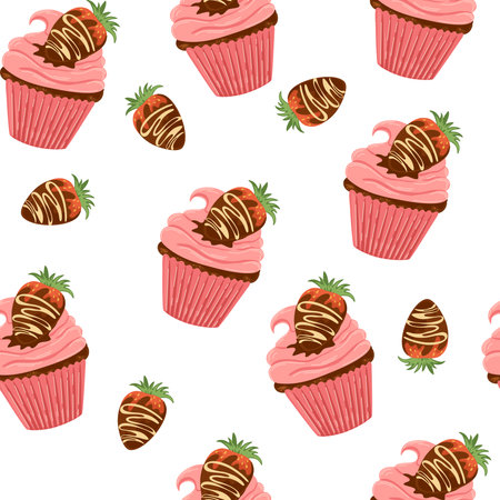Chocolate covered strawberry muffins seamless pattern. sweet dessert. For packaging, prints, covers and brochures, baby products, holidays. Vector cartoon illustrationのイラスト素材