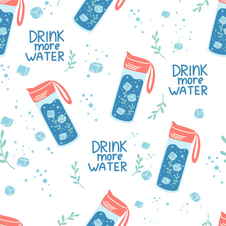 Water bottle with ice cubes seamless pattern. Refreshing summer drink background. For packaging, prints, covers and brochures, baby products, holidays. Colored flat vector illustrationのイラスト素材