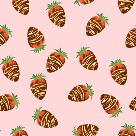 Strawberries in chocolate seamless pattern. sweet dessert. Hand drawn design in cartoon style, use for print, wallpaper, clothes, fashion, menu. vector illustrationのイラスト素材