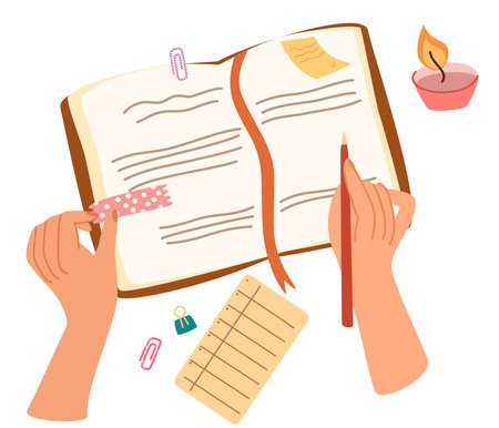 Hand making note. Writing plans on sticky memo notes, making schedule in paper planner, notebook. Hands with pen and personal timetable, reminders in organizer. Office Or Creative Concept. Vectorのイラスト素材