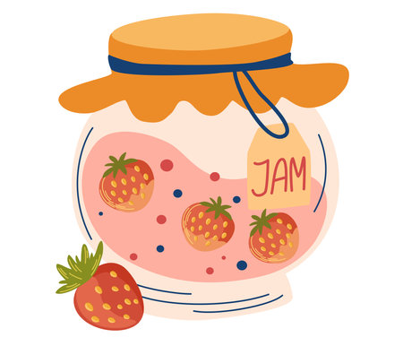 Strawberry jam in glass jar. Healthy Sugar Replacement. Doodle of home cooking. Homemade berry jelly cartoon icon. Perfect for decor, sticker, design, card, print. Vector flat illustrations.のイラスト素材