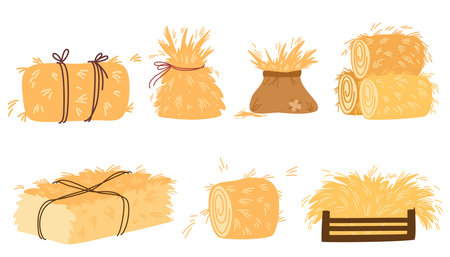 Haystack collection. Flat yellow haystacks, round balls of wheat straw for feeding farm. Bales and stacks of hay. Farming, agriculture, countryside concept. Vector cartoon illustrationのイラスト素材