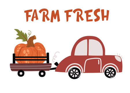 pumpkin truck. Thanksgiving Greeting Card. Vintage Harvest Truck is a red car with pumpkins. October print. cartoon vector illustrationのイラスト素材