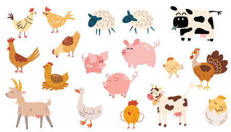 farm animals. Cow, goose, turkey, goat, pig, piglet, chickens, rooster, chickens, sheep. Ideal kids design, for fabric, wrapping, textile, wallpaper, apparel. cartoon vector illustrationのイラスト素材