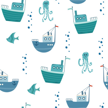 Ships, fish and octopuses Seamless Pattern. Cute marine pattern for fabric, children's clothing, background, textiles, wrapping paper and decorations. vector illustrationのイラスト素材