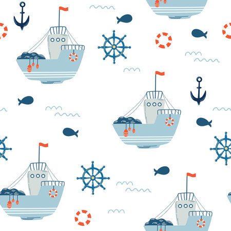 Ship Seamless Pattern. Marine Background with fishing Ship, fish, anchor, steering wheel and waves. For fabric, children's clothing, background, textiles, wrapping paper. vector illustrationのイラスト素材