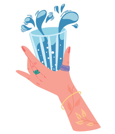 Hand holding a glass of water. Concept drink more water. maintain water balance. Isolated flat vector illustration on white backgroundのイラスト素材