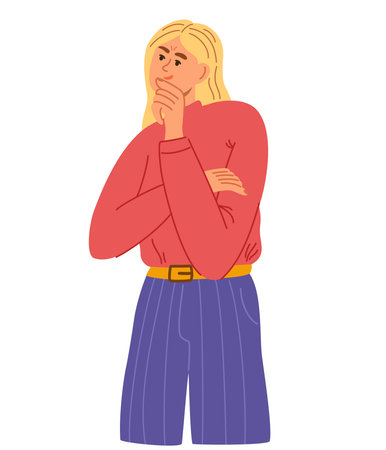 Young female with curious or pensive face, thought. Frustration, doubt and question concept. Flat vector illustration. person character.のイラスト素材