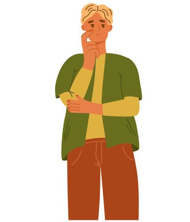 young man thought person character. Concept of thinking, decision, business problem solving, considered gesture. Flat vector illustration.のイラスト素材