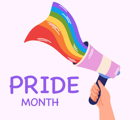 People hold megaphone or loudspeaker with lgbt rainbow. Pride month celebration against violence, discrimination, human rights violation. Vector LGBTQ greeting card, banner or poster.のイラスト素材