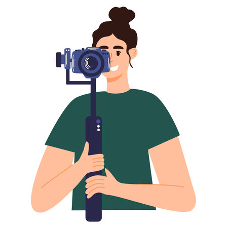 videographer. young woman holding camera. Mass Media Tv Show, Program Broadcast. Freelance work of hobby. Vector flat illustration isolated on the white background.のイラスト素材