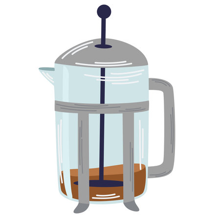 French coffee press. Coffee maker icon, symbol, emblem for coffee shop, cafeteria, cafes. Hand drawn vector illustration in doodle styleのイラスト素材