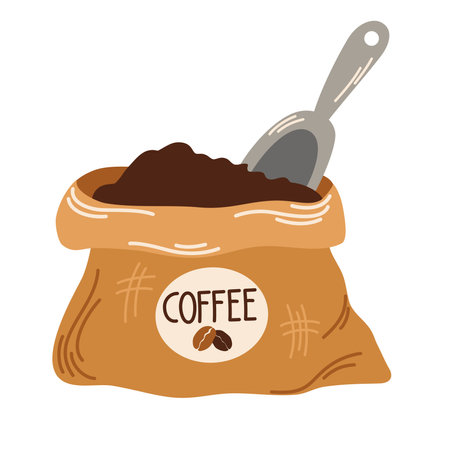 Burlap sack with coffee beans. Bag of coffee. natural product. Equipment for making aromatic beverages. Hand drawn vector illustration isolated elements for cafe, menu, coffee shopのイラスト素材