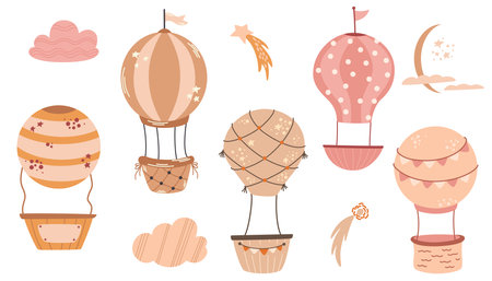 Air Hot Balloon set. Cartoon vintage hot air balloons with ribbons, flags and baskets for children room, prints, postcards, prints and fabrics. Vector hand draw Illustration in a Scandinavian style.のイラスト素材