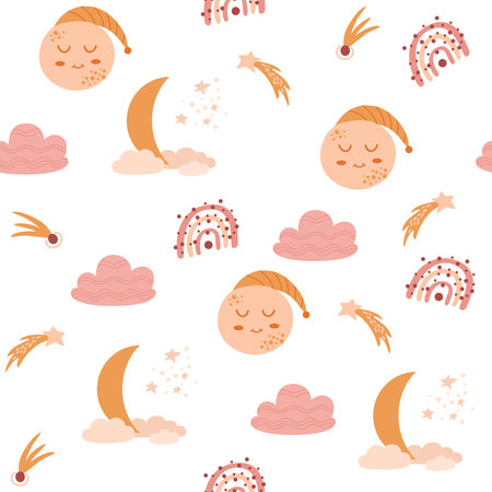 Cute rainbow, stars, clouds seamless pattern. Creative Scandinavian children's texture for fabric, packaging, textiles, wallpaper, clothing. vector illustrationのイラスト素材