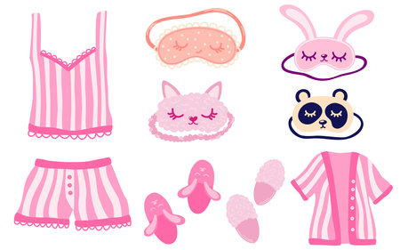 Sleepwear, sleep masks, slippers. Bundle of elegant female underwear.のイラスト素材
