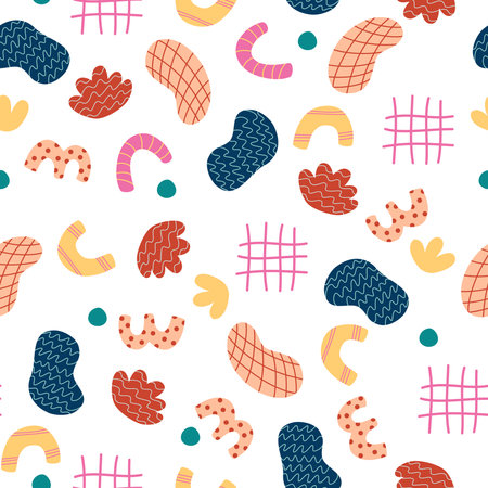 Abstract shape seamless pattern. Organic colorful doodle on black background with different figures. modern wallpaper. Trendy textile fabric paper for kids. Vector contemporary texture art.のイラスト素材