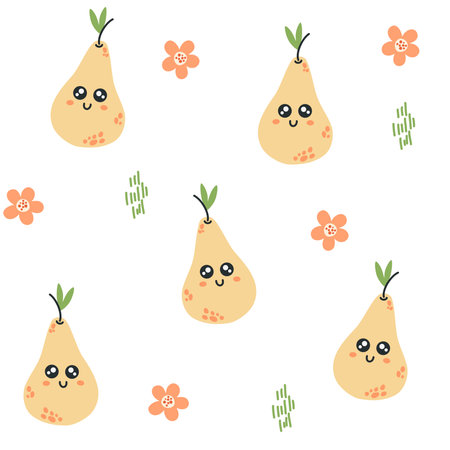 Pear character seamless pattern. Pear with smiley face. Creative texture for fabric, packaging, textiles, wallpaper, clothing. Vector illustration for kids. cute fruit backgroundのイラスト素材