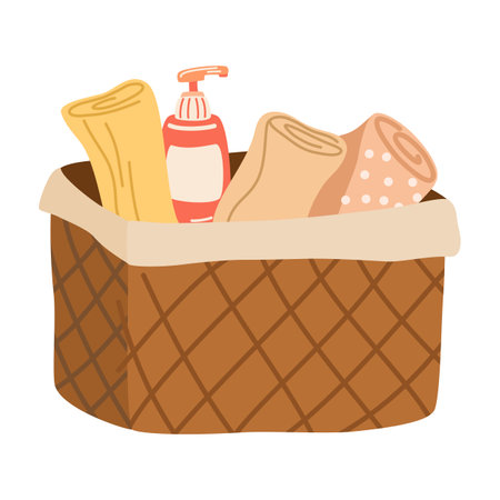 Basket with towels and shower accessories. Bathroom accessories. Cartoon vector illustration isolated on white backgroundのイラスト素材