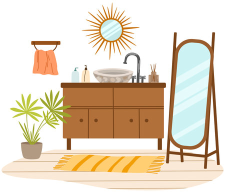 Bathroom interior Scandinavian style. Sink, bedside table, shelf, basket with towels, bathrobe, houseplant and mirror. Modern interior design. vector illustrationのイラスト素材