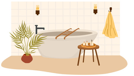 Bathroom interior. Bath, towel on a hanger, table with candles, carpet, houseplant. Flat vector illustration isolated on white backgroundのイラスト素材